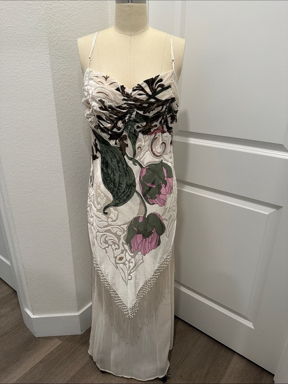 Ivory Floral tassel Dress Fringe Aris.a silk euro y2k deadstock burn out velvet